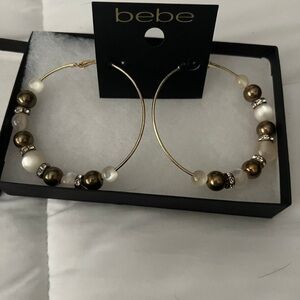 Bebe Gold and White Beaded Hoop Earrings